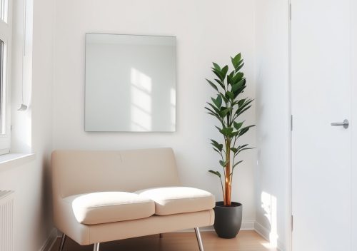 Jasny salon w małym mieszkaniu z lustrem i rośliną w rogu